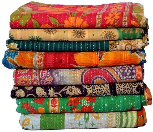 Varprada- 1 Piece Handmade Indian Vintage Kantha Quilts For Sale Throws Bedsheet Reversable Bohemian Home Décor Blanket –Assorted Color Twin Size 85X55 Inches #TOP16