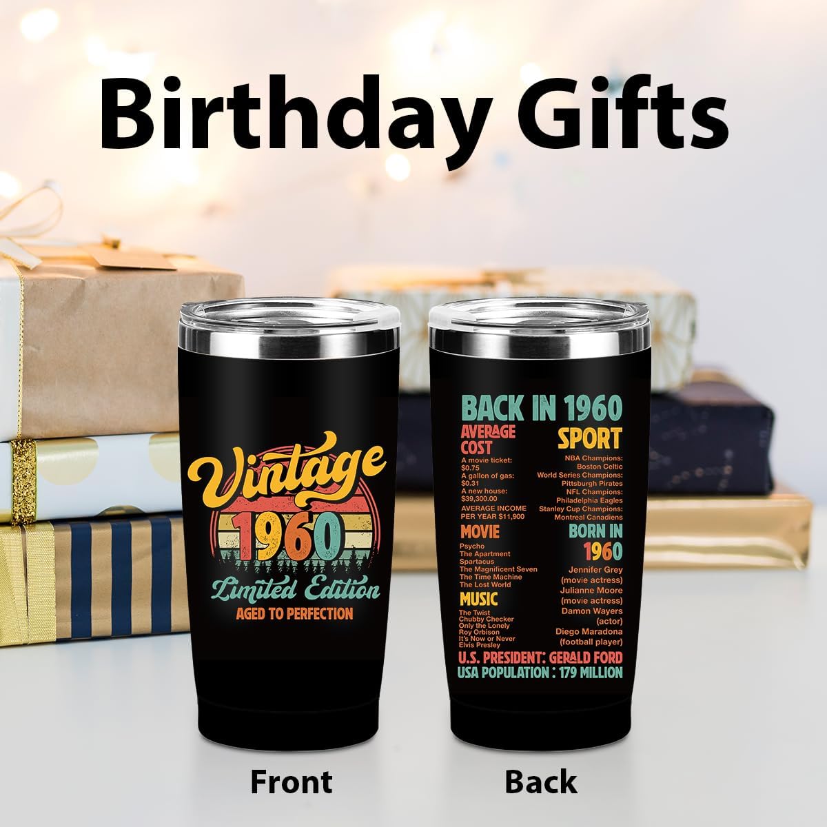 Vintage 1960 Tumbler, 66th Birthday Gifts for Men, 66th Birthday Decorations, 20 oz Stainless Steel Insulated Coffee Mug, Gifts for 66 Year Old Man Dad Grandpa, Travel Cup, Black Drinking Cup for Car - Image 2