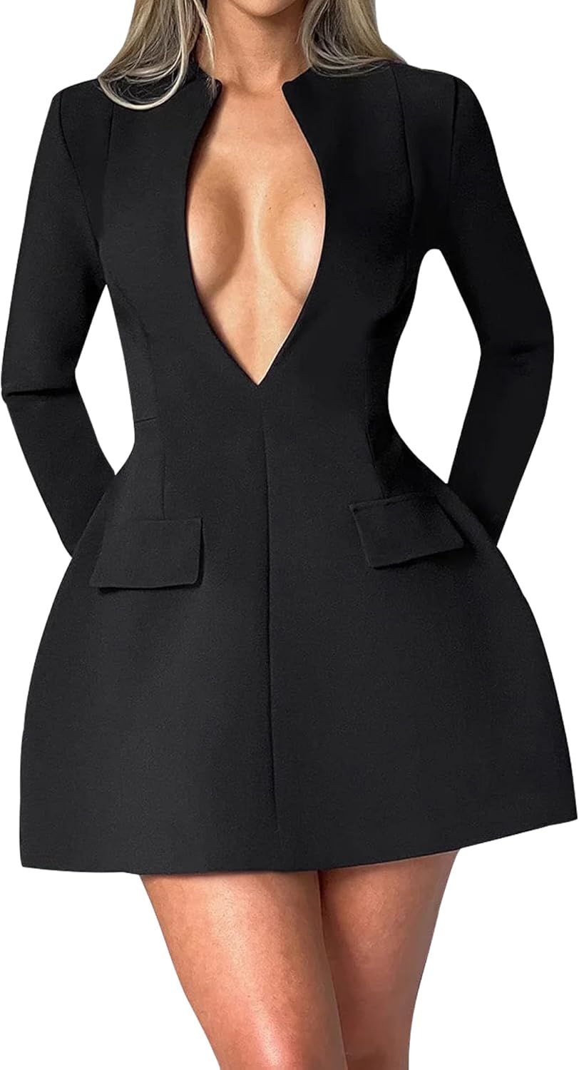 LuFeng Women's Long Sleeve Sexy Deep V Neck Zipper A-line Mini Dress Hollow Bodycon Night Out Party Dress - Image 2