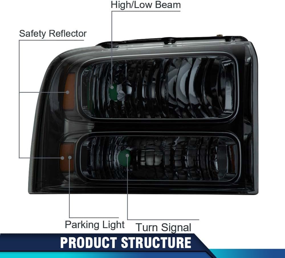 PIT66 Headlights Assembly Compatible with 2005-2007 Ford F250 F350 F450 F550 Super Duty/ 2005 Excursion,(Not Fit Sealed Beam Headlight model) Headlamp Smoky Lens Chrome Housing Amber Reflector