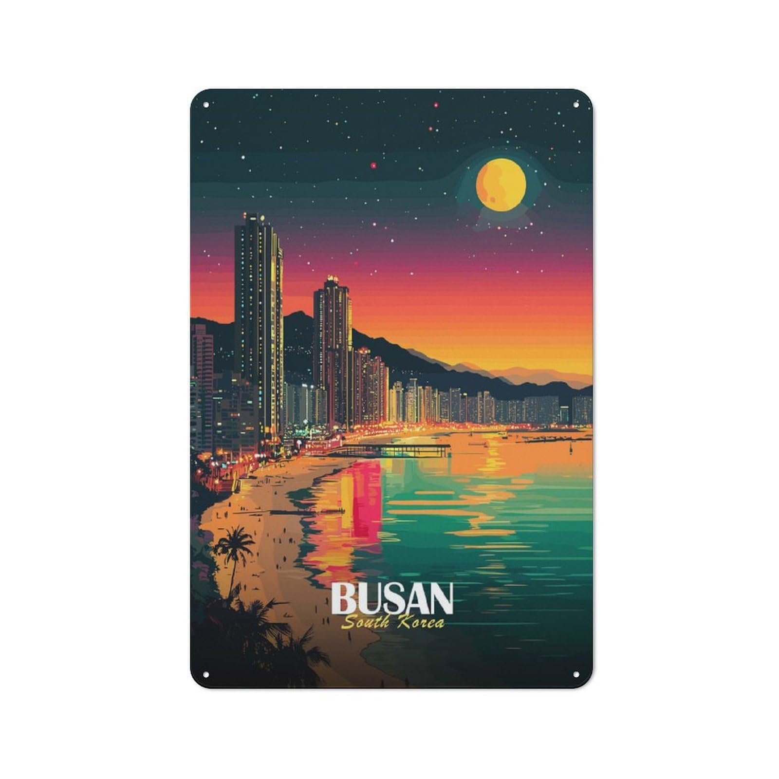 Junmoney Busan South Korea Night Cityscape 30X20cm Rustic Metal Plaque With For Café Or Restaurant, For Themed Interiors In Cafés And Restaurants