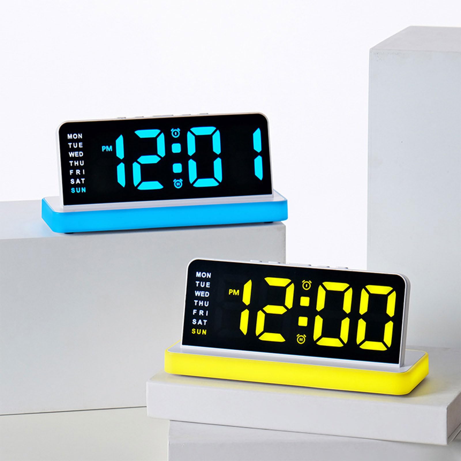 Reloj despertador compacto para escritorio de dormitorio, reloj LED digital con botón fácil con pantalla y luz nocturna para uso doméstico, alarma, luz nocturna LED, pantalla de día laborable,