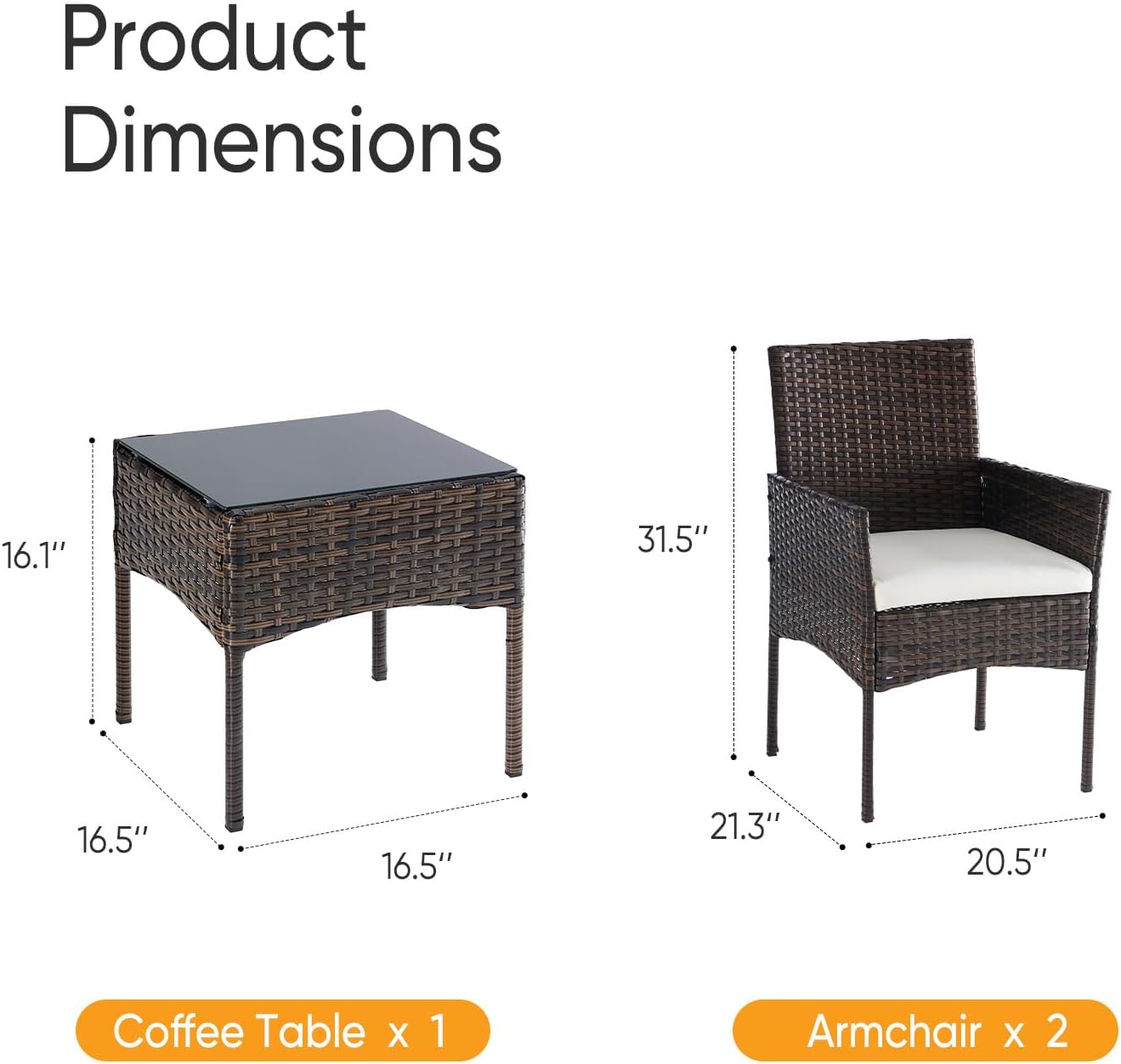 NEWBULIG 3-Piece Patio Furniture Set, Weather-Resistant Outdoor Wicker Furniture with Washable Cushion & Tempered Glass Tabletop, Durable Outdoor Seating for Balcony, Porch, Deck Brown