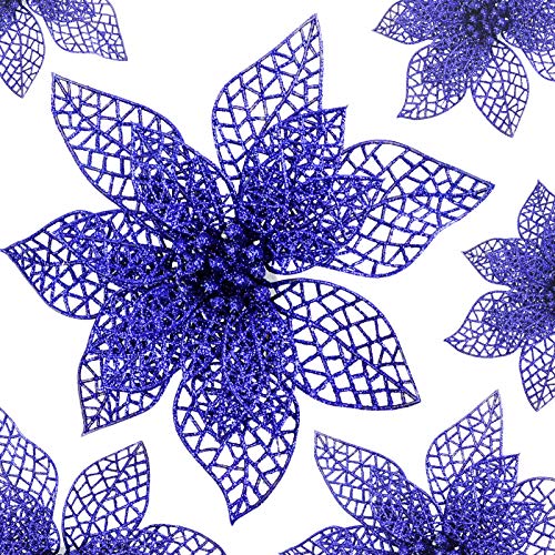 Kyrieval 12 Stück künstliche Glitzer-Blumen, Weihnachtsblumen, Weihnachtsbaumschmuck, Anhänger, Weihnachtskranz, Rattan-Dekoration (lila) Cover