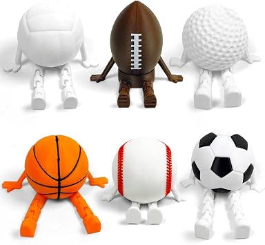 6 Pack Sports Ball Buddies - 3D Printed Sitting Pose Action Figures Basketball, Football, Soccer, Baseball, Golf, Volleyball - Movable Arms & Legs, Cute Desk Decor for Sports Fans