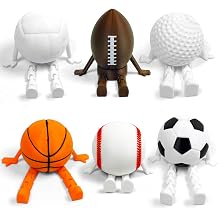 6 Pack Sports Ball Buddies - 3D Printed Sitting Pose Action Figures Basketball, Football, Soccer, Baseball, Golf, Volleyball - Movable Arms & Legs, Cute Desk Decor for Sports Fans