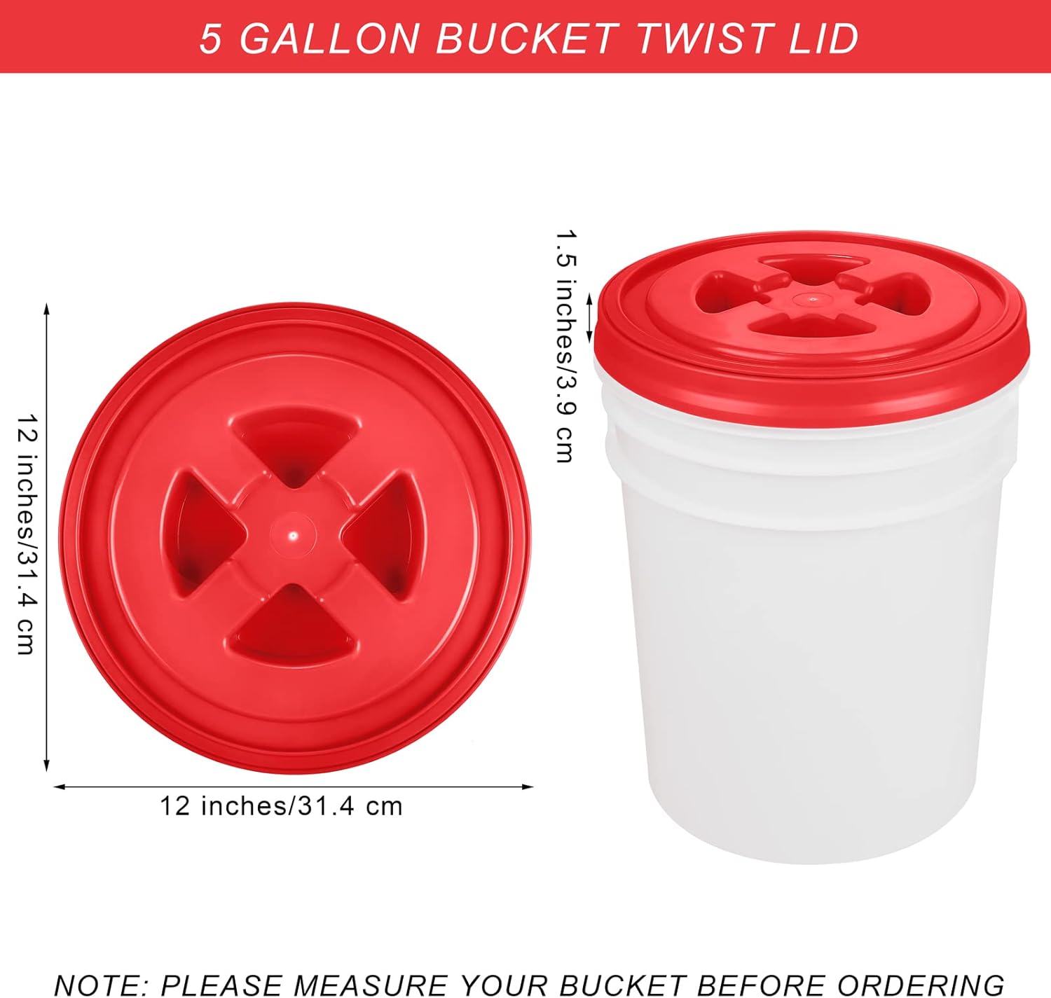 Aodaer 4 Pieces Seal Lid 5 Gallon Bucket Twist Lid Food Storage Container Lid Reusable Plastic Seal Lid Food Storage Container Lids (Red, Yellow, Blue, Green)