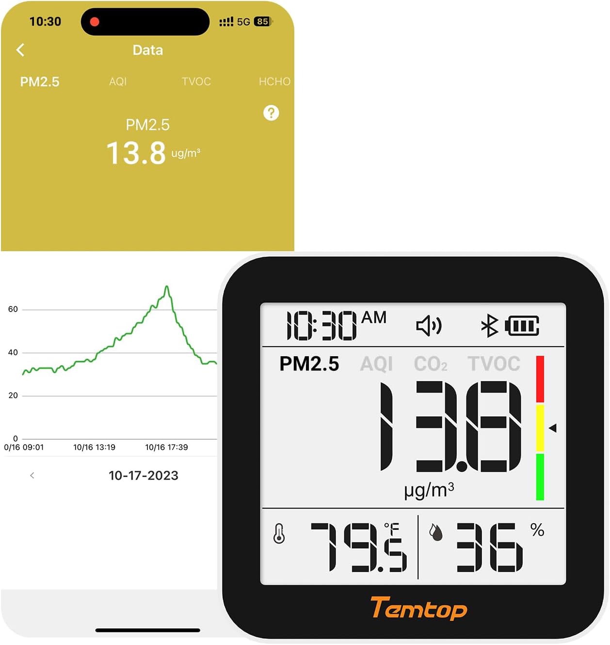 Features of the Temtop M10+ air quality monitor, including integrated alarm system, easy-to-use two-button control, stylish design, monitoring of 6 key indicators, Bluetooth app connectivity, 60-day endurance, and Eye-Care E-Ink Display.