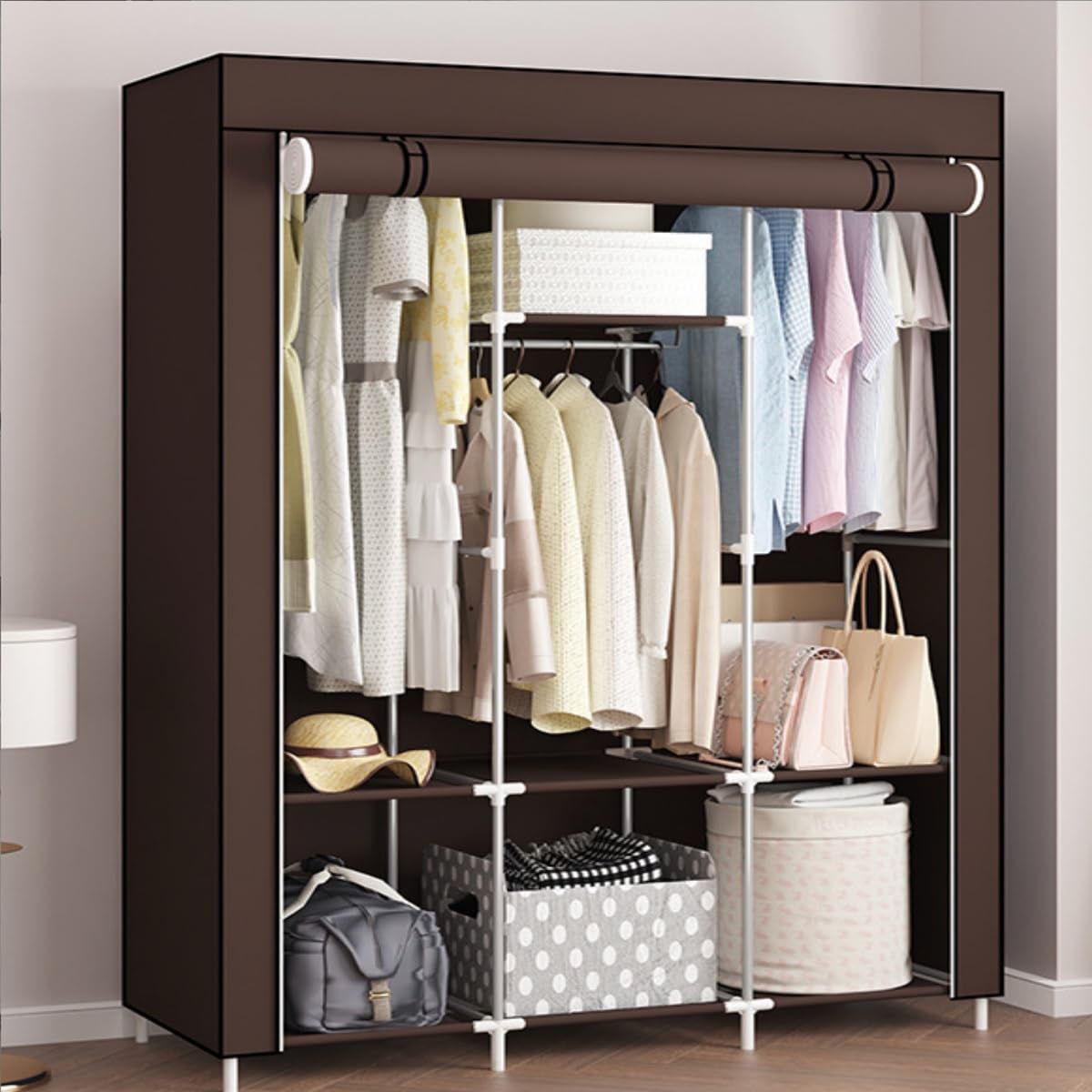 HVDBEYASA Wardrobes for Bedroom Portable Wardrobe Fabric Wardrobe Temporary Wardrobe Open Wardrobes for Bedroom Small Wardrobe for Small Rooms Wardrobe with Shelves(Brown)