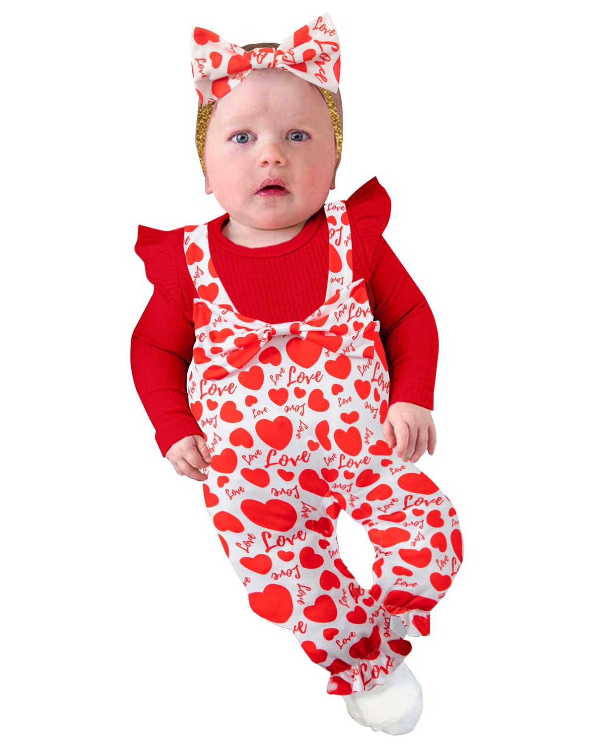 Baby Girl Valentines Outfit Ruffle Long Sleeve Romper Red Heart Print Jumpsuit with Headband (18-24 Months)