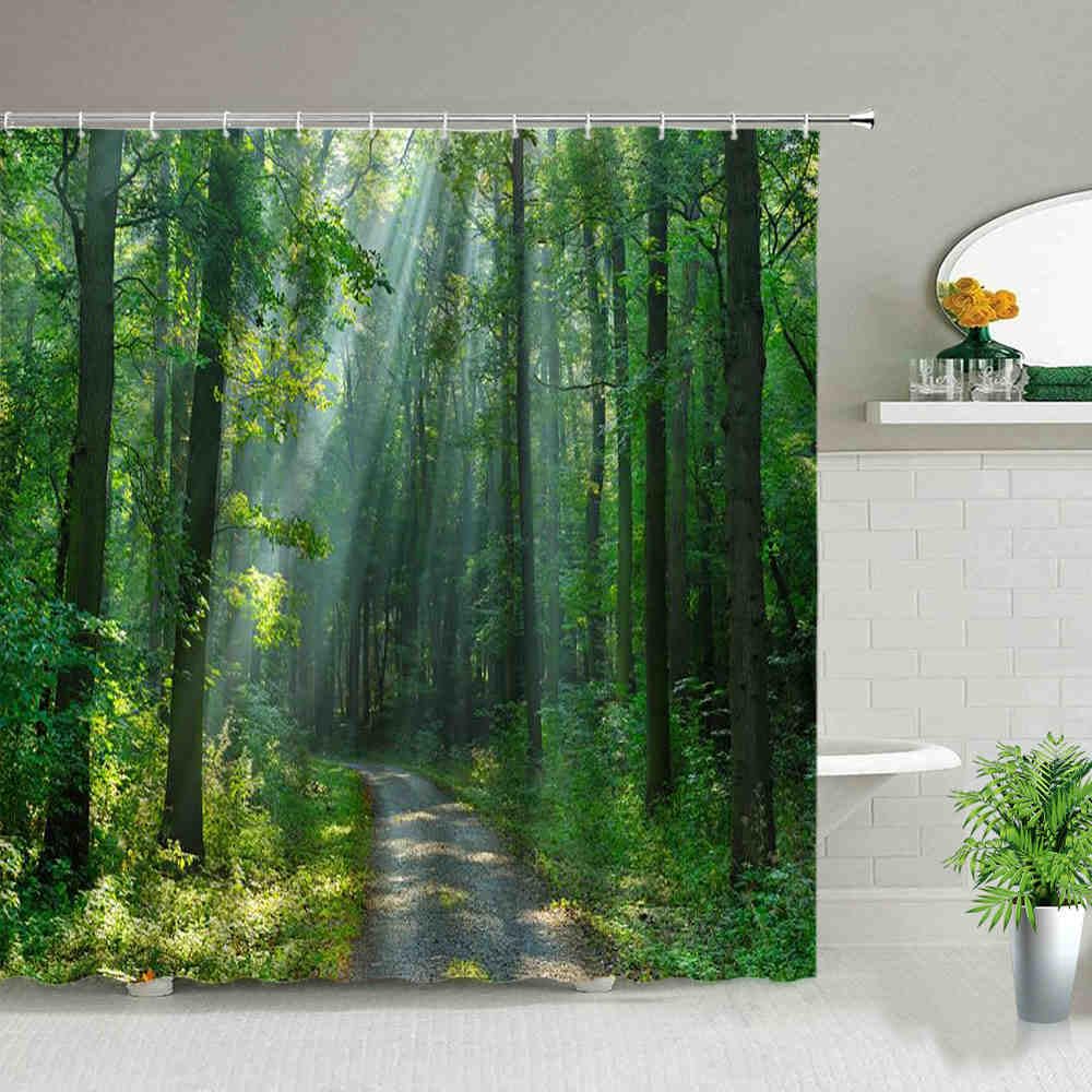 Tenda Doccia 3D 180x180 Cm - Design Retrò Nordico Con Piante Verdi, Set Con 12 Ganci, Antimuffa