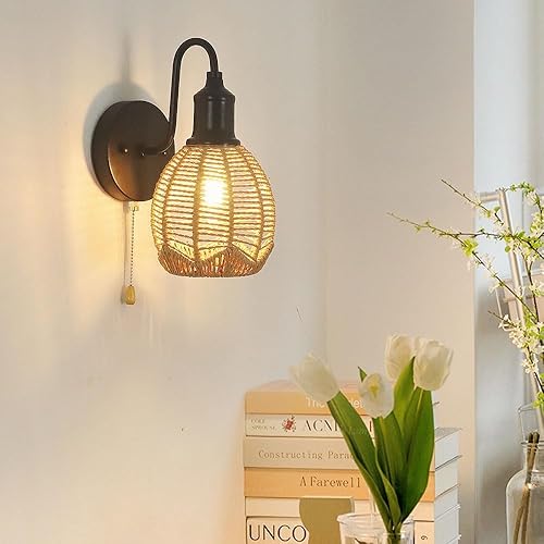Miniatura 2 de Lámpara de pared de ratán, aplique de pared vintage de granja, lámpara de pared negra retro con tirador, iluminación interior cableada para sala de