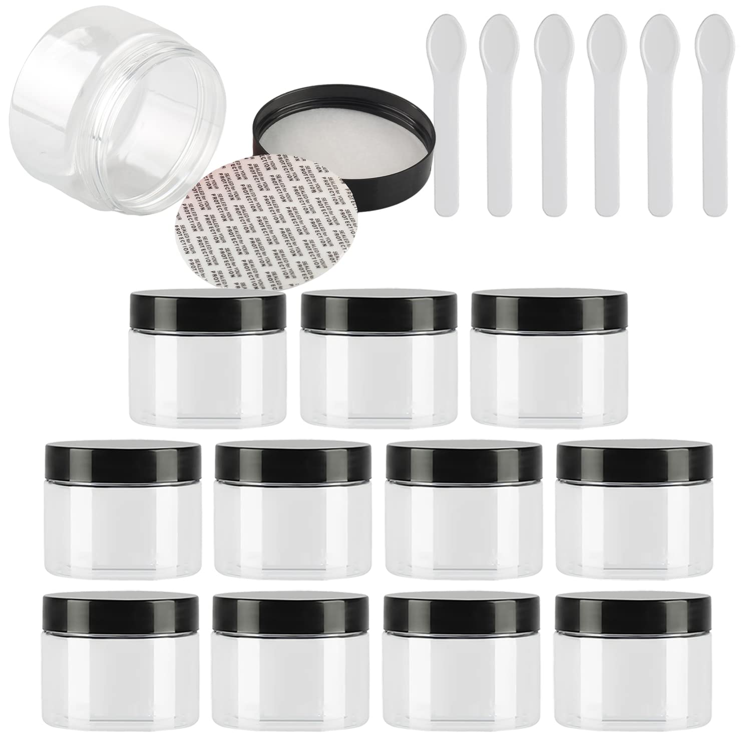 12 Pièces Vides Petit 150 ml Transparent Cosmétique Pot en Plastique avec Couvercle Noir 150 g Pots de Cosmétique Crème de Bouteille Contenant avec 6x Spatules