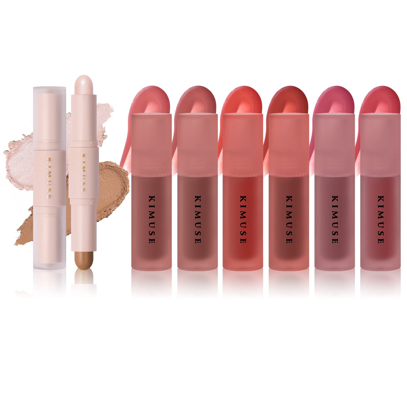 KIMUSE 2 Color Dual Cream Contour Stick & Water Gel Lip Tint Stains 6 Colors Set