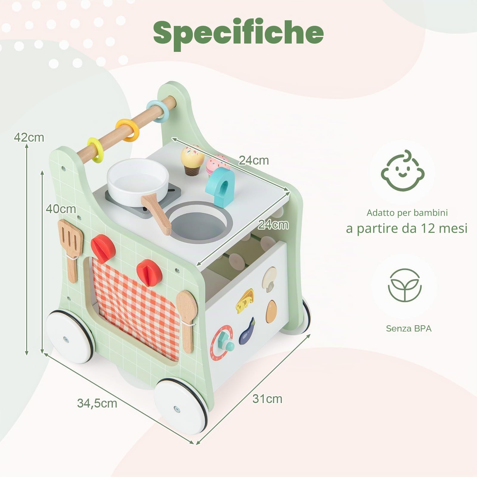 FANTASK Passeggino 6 in 1 in legno, con cucine da gioco, orologio educativo, regolazione della forma e cursore mobile, cucina per bambini Baby Walker con ruote per bambini a partire da 1 anno (verde)