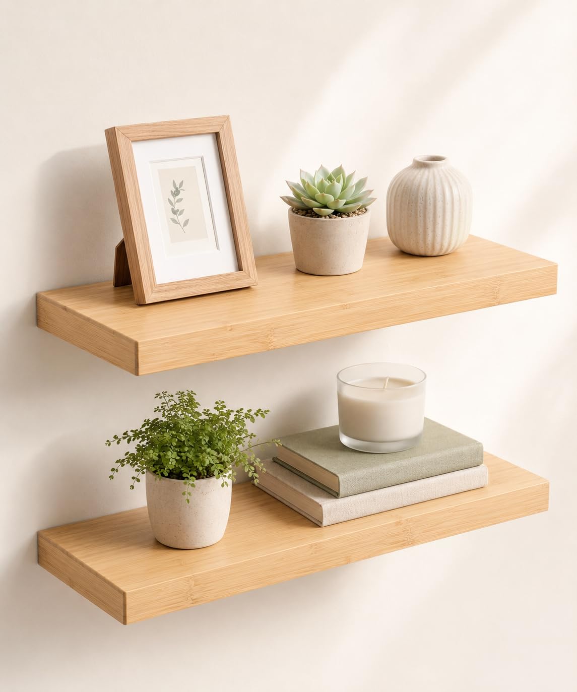 Afuly Mensole da Muro in Bambù per Soggiorno in Legno, 60 x 20 cm Set di 2 | Supporti nascosti, per libri, piante, foto e decorazioni, soggiorno, camera da letto, cucina e bagno, per uso quotidiano