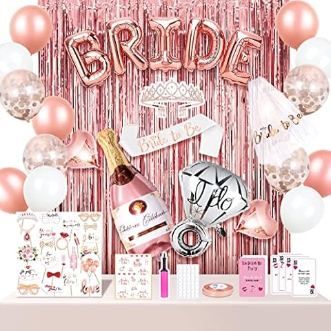 MOVINPE Bachelorette Party Decorations, Bride to Be Sash, Veil, Rhinestone Tiara, Dare Cards, Photo Booth Props, Foil Curtains, Tattoos, Rose Gold Bridal Shower Party Supplies Decor Cover