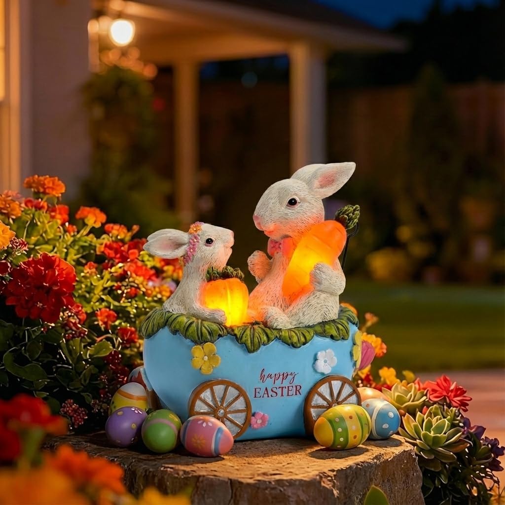 TERESA'S COLLECTIONS Easter Decorations Outdoor with Solar Lights, Easter Bunny and Egg Decor Outdoor, Waterproof Resin Lighted Garden Statue