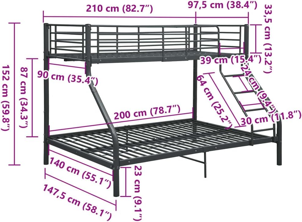 Fully assembled Generic Metal Bunk Bed Frame in black, showing both upper and lower bunks with a side ladder.
