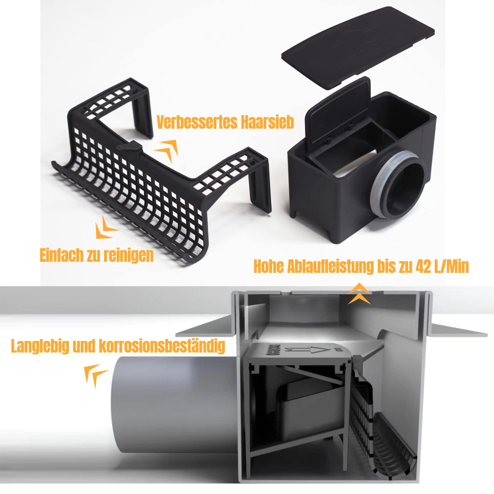 WITEN&NOCK Duschrinne 70 cm Befliesbar Drainset Edelstahl Bodenablauf für bodengleiche Dusche mit Geruchsstopp Haarsieb extra flach Edelstahl gebürstet Komplettset mit Bodenbefestigung