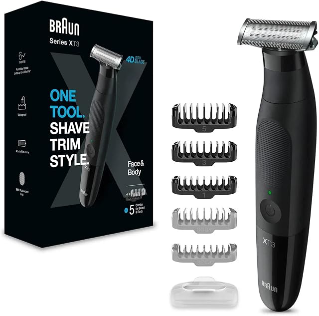Braun Seria XT5 trymer do brody, golarka elektryczna dla mężczyzn, zestaw bodygroomer, 1 trwałe ostrze, torba podróżna, urządzenie do 3-dniowego zarostu, włosów, okolic intymnych, pach, Czarna, XT3200