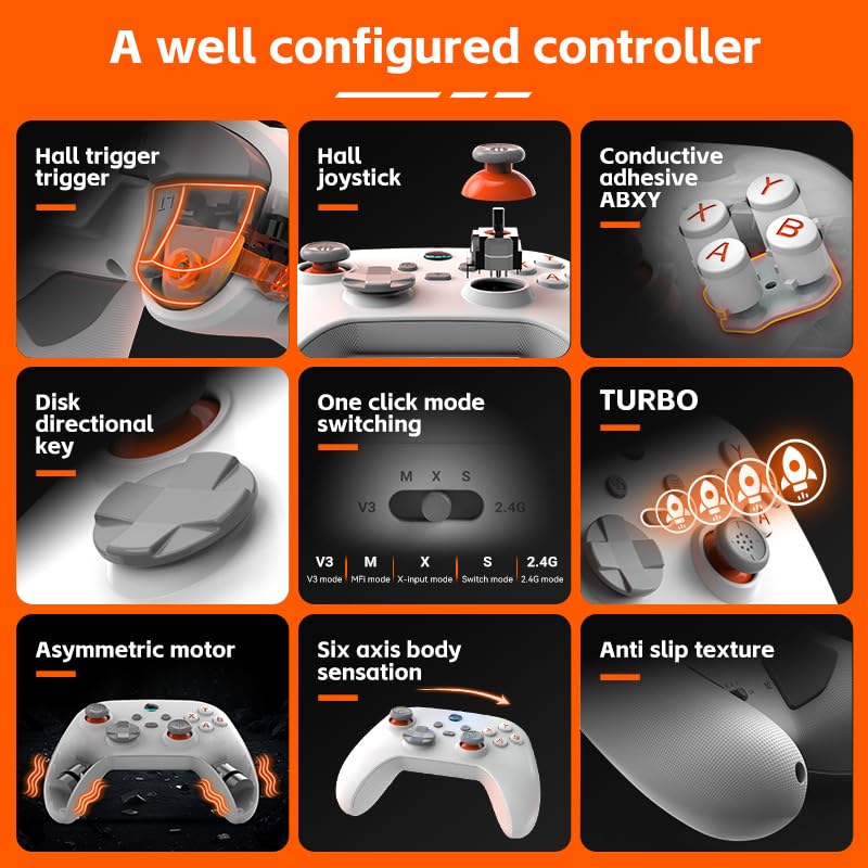 UHM PC Controller, Wireless 2.4G PC Gaming Controller PC Android Switch iPhone 6 Axis-Gyroskop,Hall-Effekt Joystick und Trigger, Programmierung,Turbo Weiß