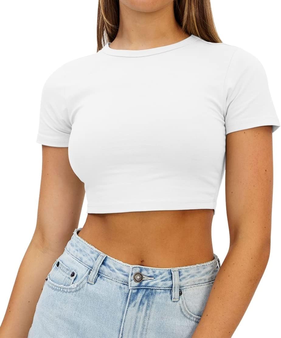 Womens Crop Summer Tee Tops Short Sleeve Casual Cropped Tshirt