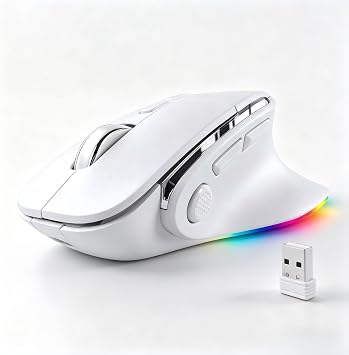 Ergonomic Mouse Jiggler,Bluetooth Vertical Wireless Mouse,LED Rechargeable Optical Computer Mice, PortableBT5.2 or USB 2.4GHz Dual Mode,1000/1600/2400 DPI,8 Buttons for Laptop,PC,Macbook white