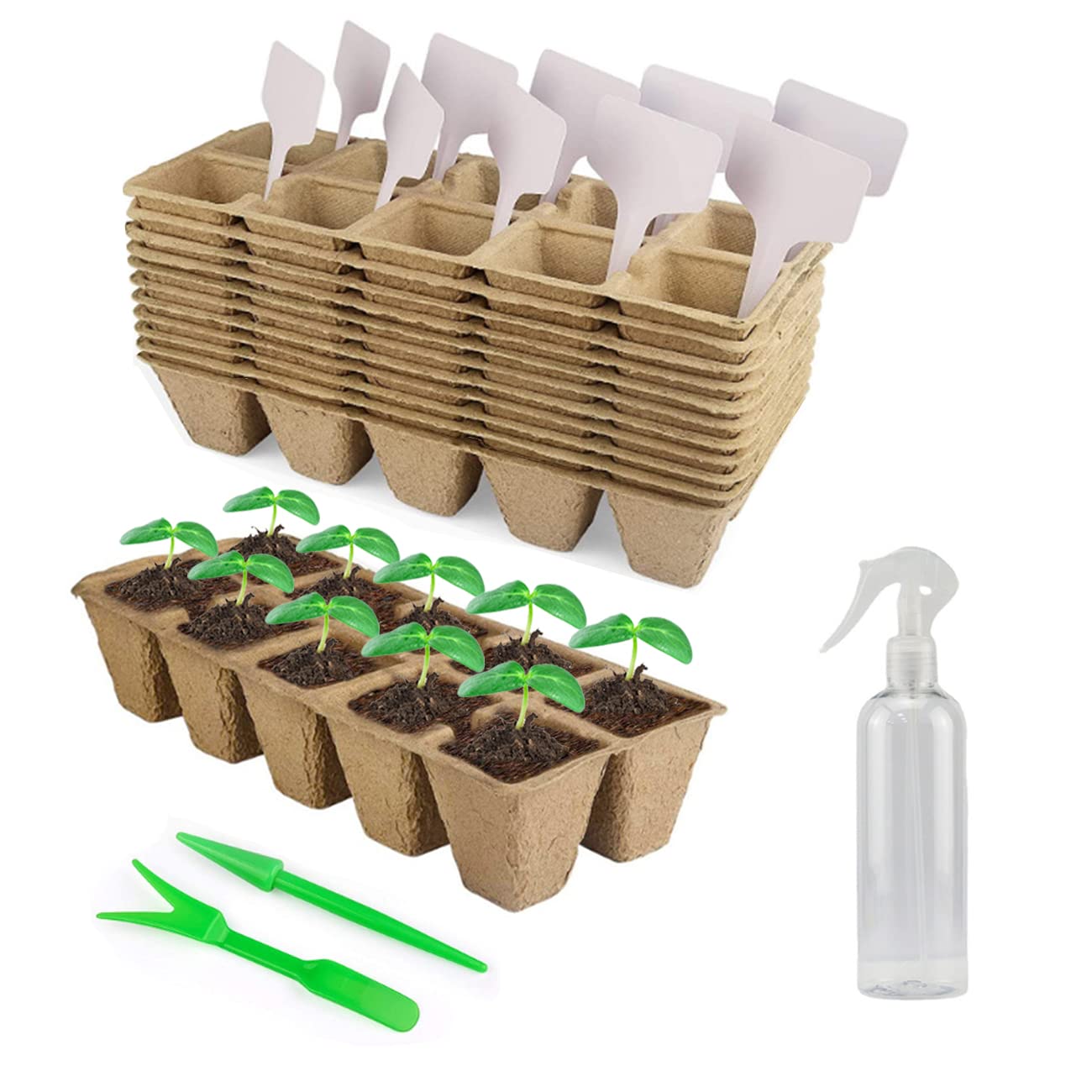 AOSEE 12 Pcs Biodegradable Seed Starter Tray, Peat Pots Kit for Nursery Planting, Sprouting Box, 120 cells Flower Germination Seedling Trays with 2pcs Transplanting Tool, 10 pcs Plant Labels (Brown)