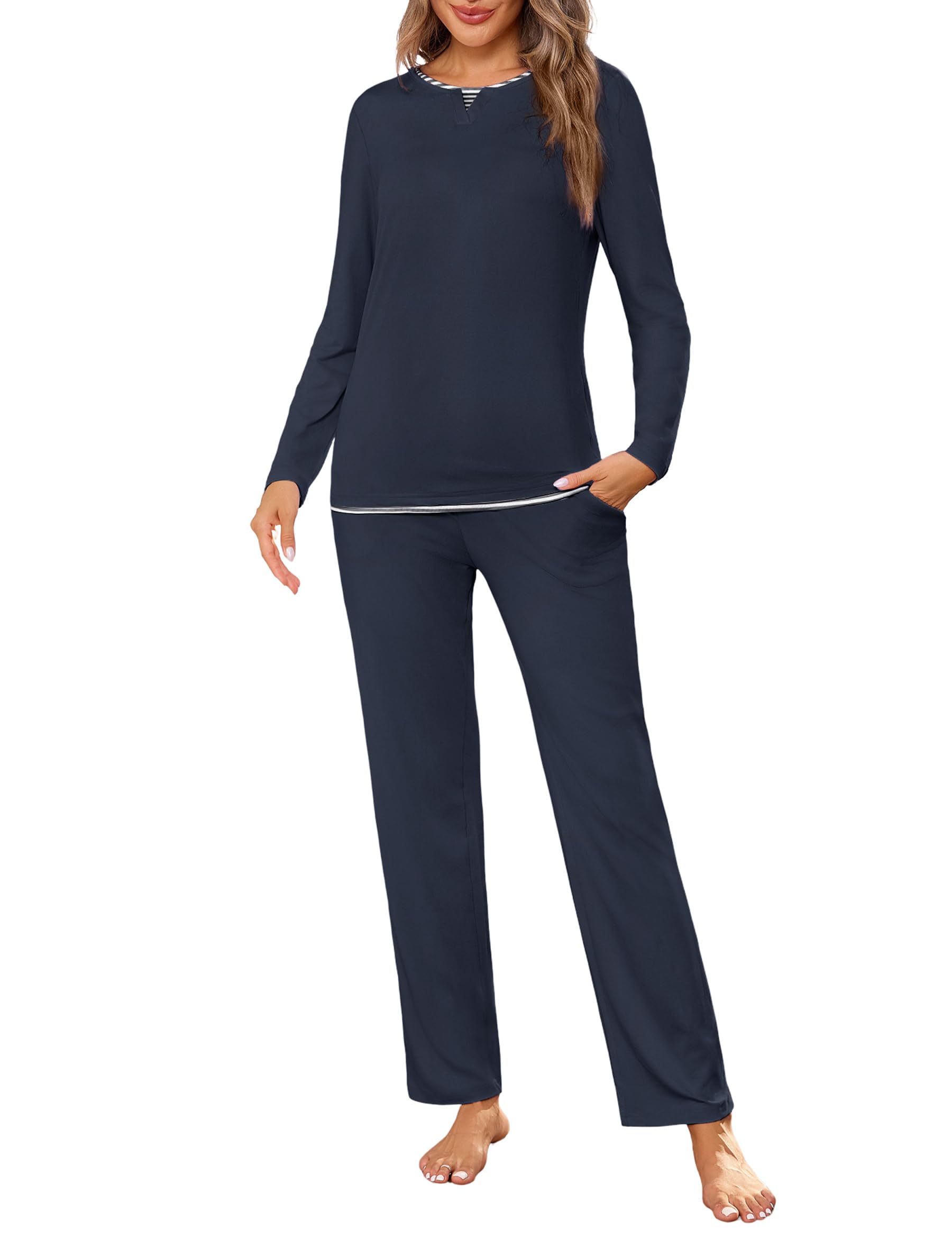 Jahetuul Pigiama Donna Cotone Lungo Leggero Pigiami da Donna Invernale | Set Pigiama da Notte Lungo in 2 Pezzi Morbido e Caldo con Tasche e Coulisse S-3XL