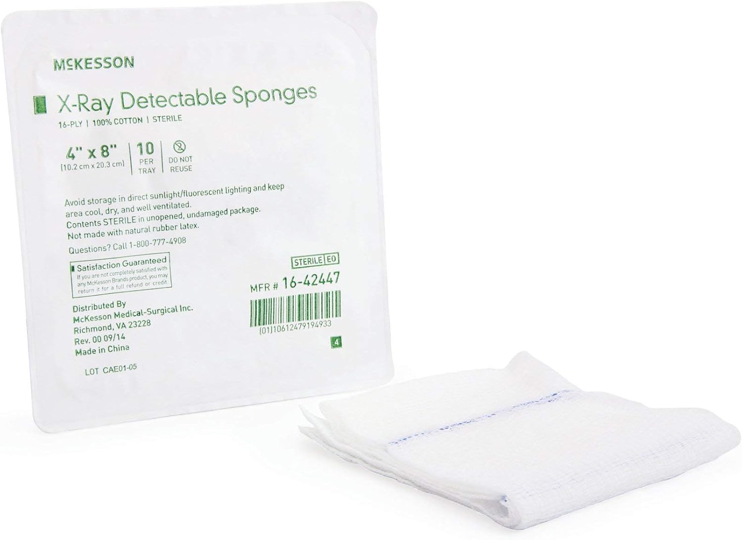 McKesson X-Ray Detectable Sponge, Sterile, 16-Ply, 4 in x 8 in, 10 per Pack, 80 Packs, 800 Total