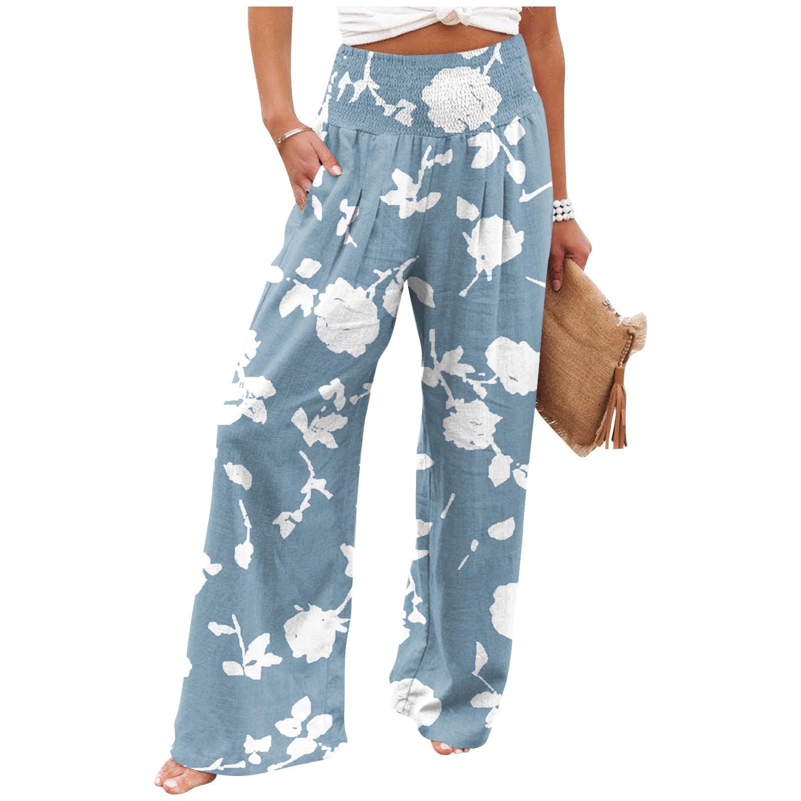 Pants for Women Floral Stretch High Waisted Flowy Pants Smocked Waist Summer Wide Leg Baggy Trouser Ruched Pocket