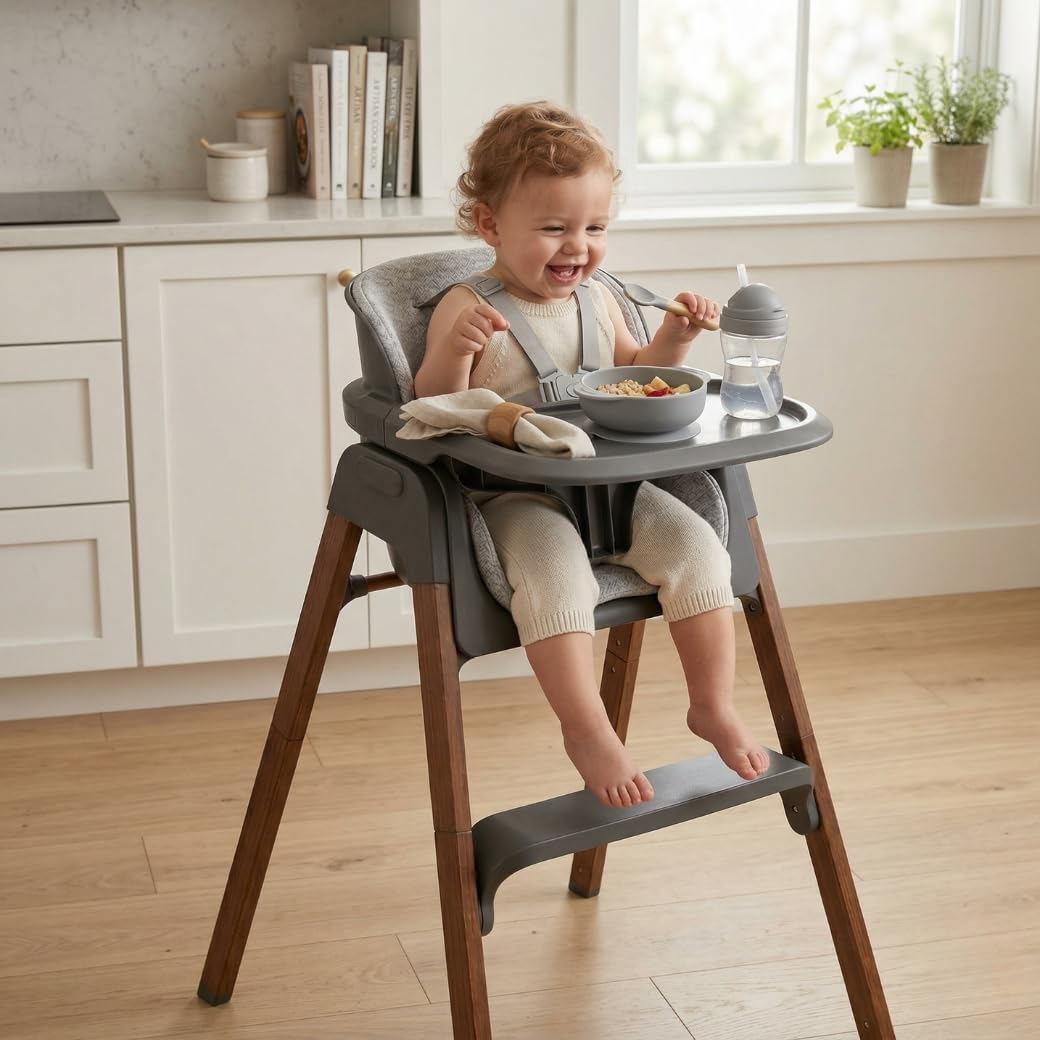 Venture Neyo 2-in-1 Foldable High Chair for Baby and Toddler, Convertible Baby Highchair with Wood Effect Legs, Removable Tray & Cushion, 5 Point Harness, Compact Folding (Grey) - 2
