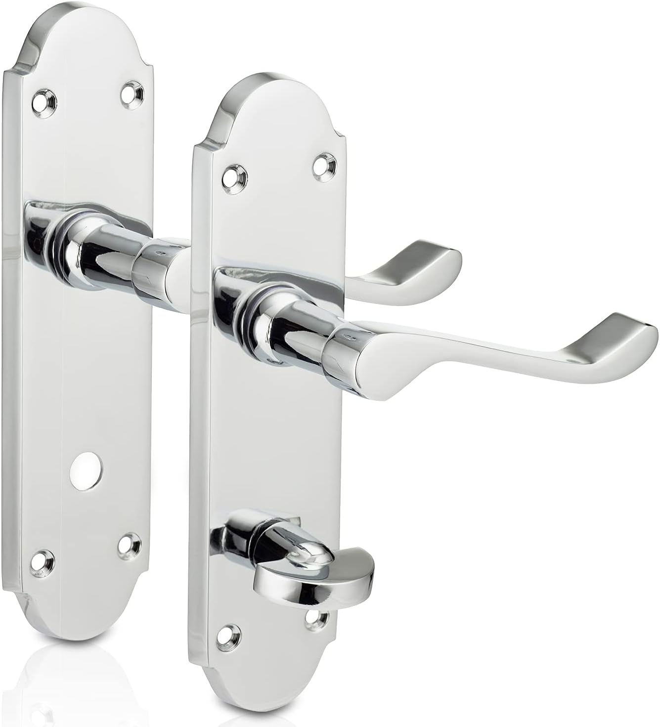 XFORT® Richmond Scroll Bathroom Polished Chrome Door Handles, Elegant Door Handle Set, Epsom Shaped Handle on Long Back Plate, Ideal for Internal Wooden Bathroom, Restroom and Toilet Doors [1 Pair]