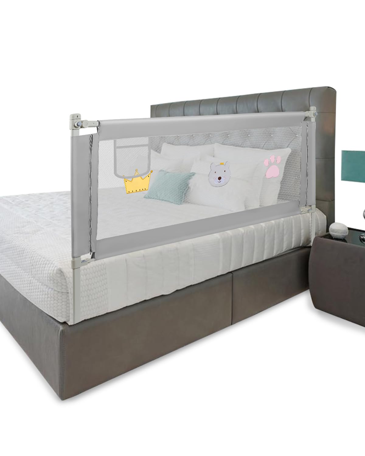 Griglia di protezione per letto per bambini, 180 x 70 cm, altezza regolabile 70 – 98 cm, stabile griglia per letto con blocco, rete traspirante, grigio