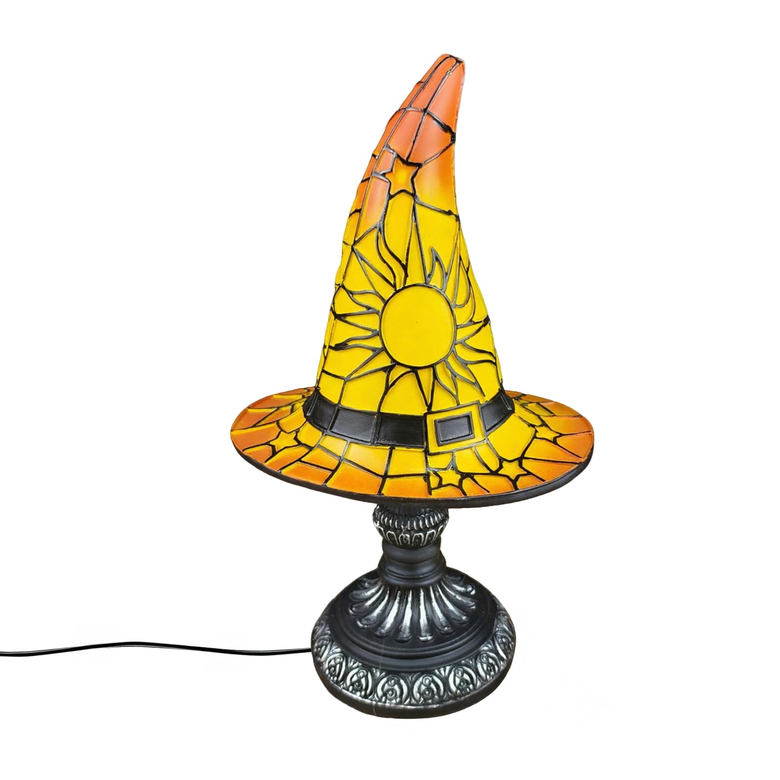 RetroNest Stained Glass Witch Hat Lamp, Gothic Resin Night Light,USB Powered Halloween Table Lamp,Purple Amber Bedside Light 18cm/30cm Desktop Ornament for Bedroom Bookshelf Decor Gift Yellow S