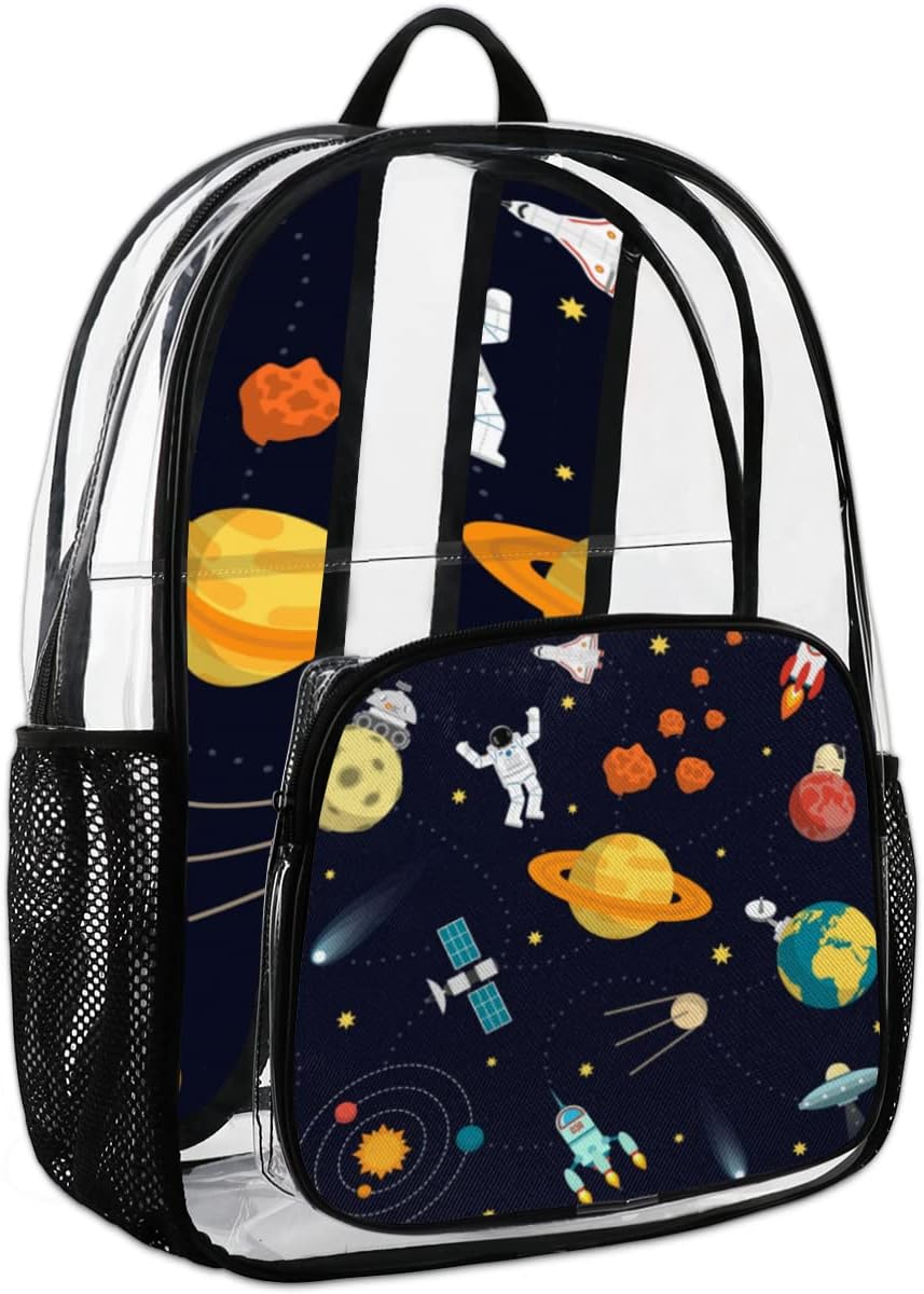 Planets Astronaut Clear Backpack Stadium Approved Heavy Duty PVC Transparent Backpacks Large See Through Bag for Work Travel Sports Events Concerts