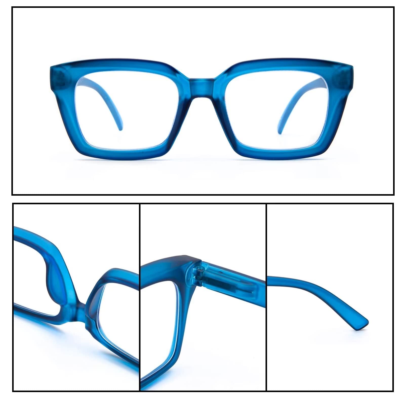 Amorays Occhiali da Lettura Oversize Square Frame Vintage con Anti Luce Blu Lenti Cerniera a Molla Occhiali Presbiopia Lettori per Donna Uomo 6561NEW(Blu,+1.5)