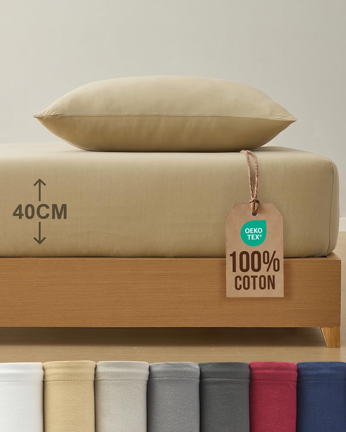 Drap-Housse Jersey Coton 90x200cm infroissable et grand bonnet de 40cm élastique
