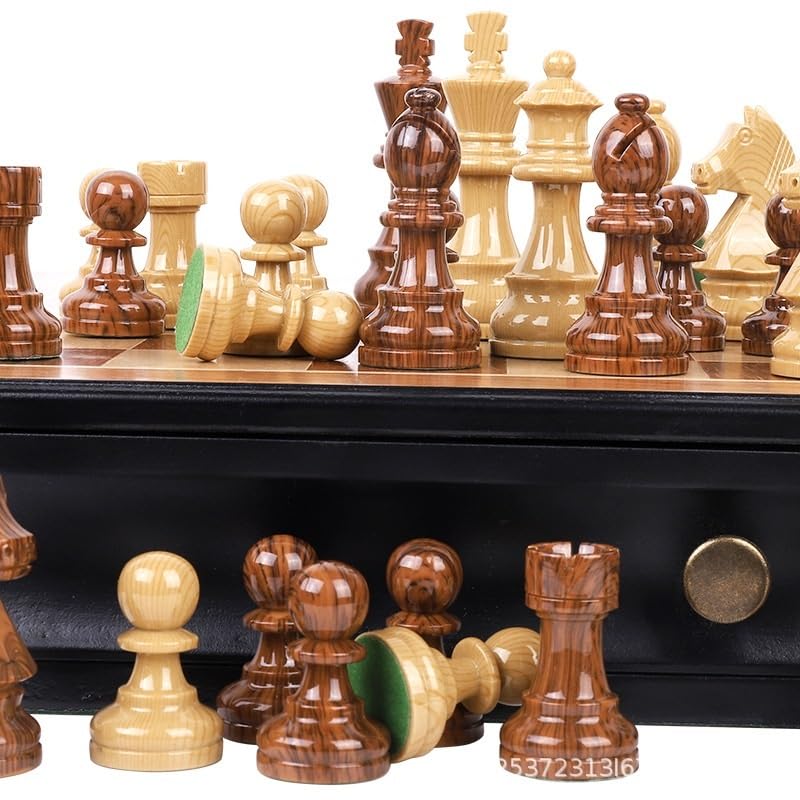 Set di scacchi in legno con 2 cassetti portaoggetti integrati, gioco di scacchi for principianti, bambini, adulti e principianti. scacchiera portatile(King97MM)