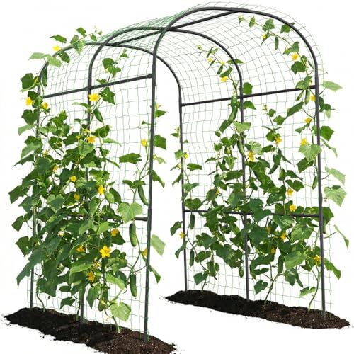 SUNYRISY Große Gurken Rankhilfe, Rankbogen Rankgitter für Gurke, Gartenbogen für Kletterpflanzen Rankhilfen, 210cm Hoher PE Beschichtete Metall Rankgitter mit Ranknetz, Blumen, Erbsen