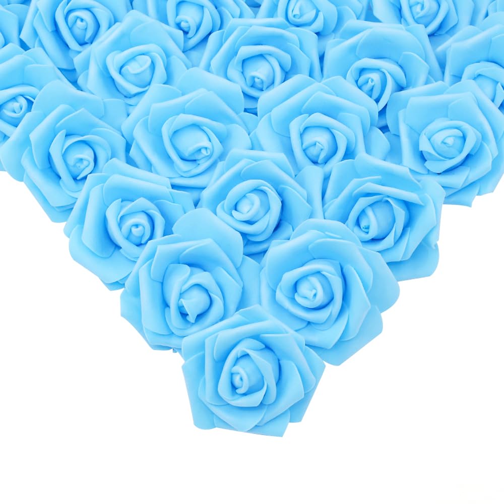 Photo 1 of IPOPU Artificial Rose Heads, 100 Pcs Sky Blue Foam Roses