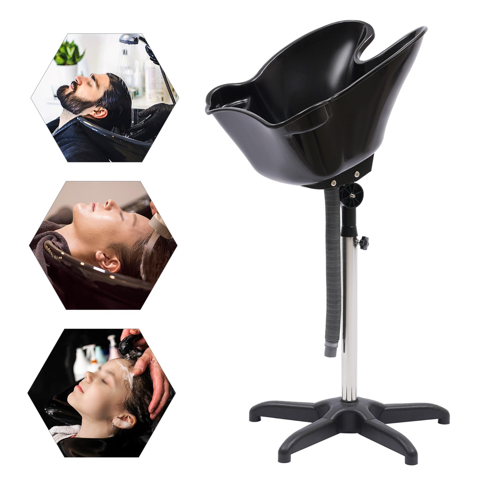 Haarwaschbecken | Mobiles Waschbecken | Höhenverstellbares Haarwaschbecken | 94-122cm | Für Friseure & Heimgebrauch | 180° Drehbar | Mit Abfluss | Schwarz