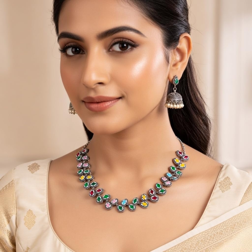 Efulgenz Indian Oxidized Jewelry Indian Jewelry Sets for Women Antique Boho Crystal Stone Necklace Sets with Faux Pearl Drop Jhumki Jhumka Dangle Earrings Choker Necklace Earrings Set Bohemian Jewelry Set for Women