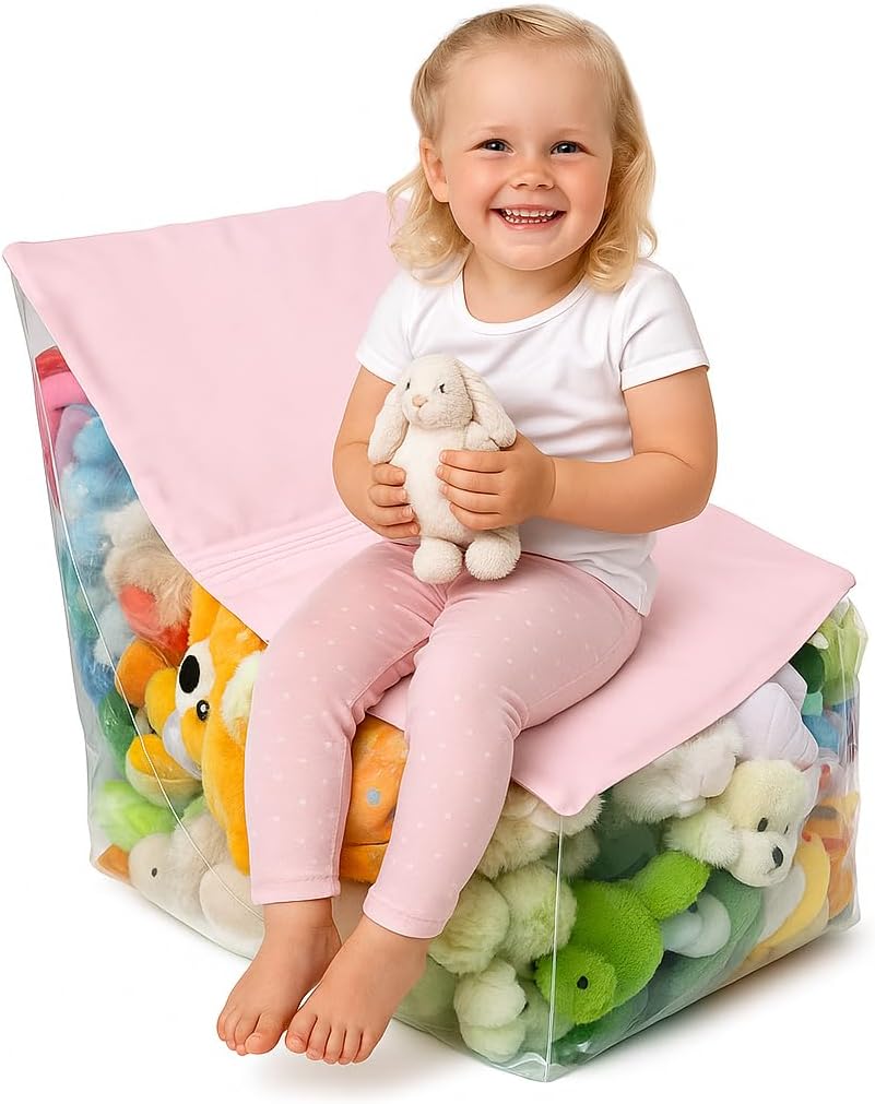 Stuffed Animal Storage Chair – Clear Bean Bag for Plush Toys, Toy Organizer Seat with PVC Window & Non-Slip Base, Soft Storage Solution for Kids Playroom (Pink)