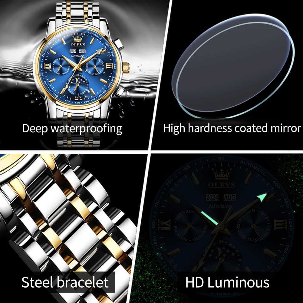 Collage showing deep waterproofing, high hardness coated mirror, steel bracelet, and HD luminous features of the OLEVS watch
