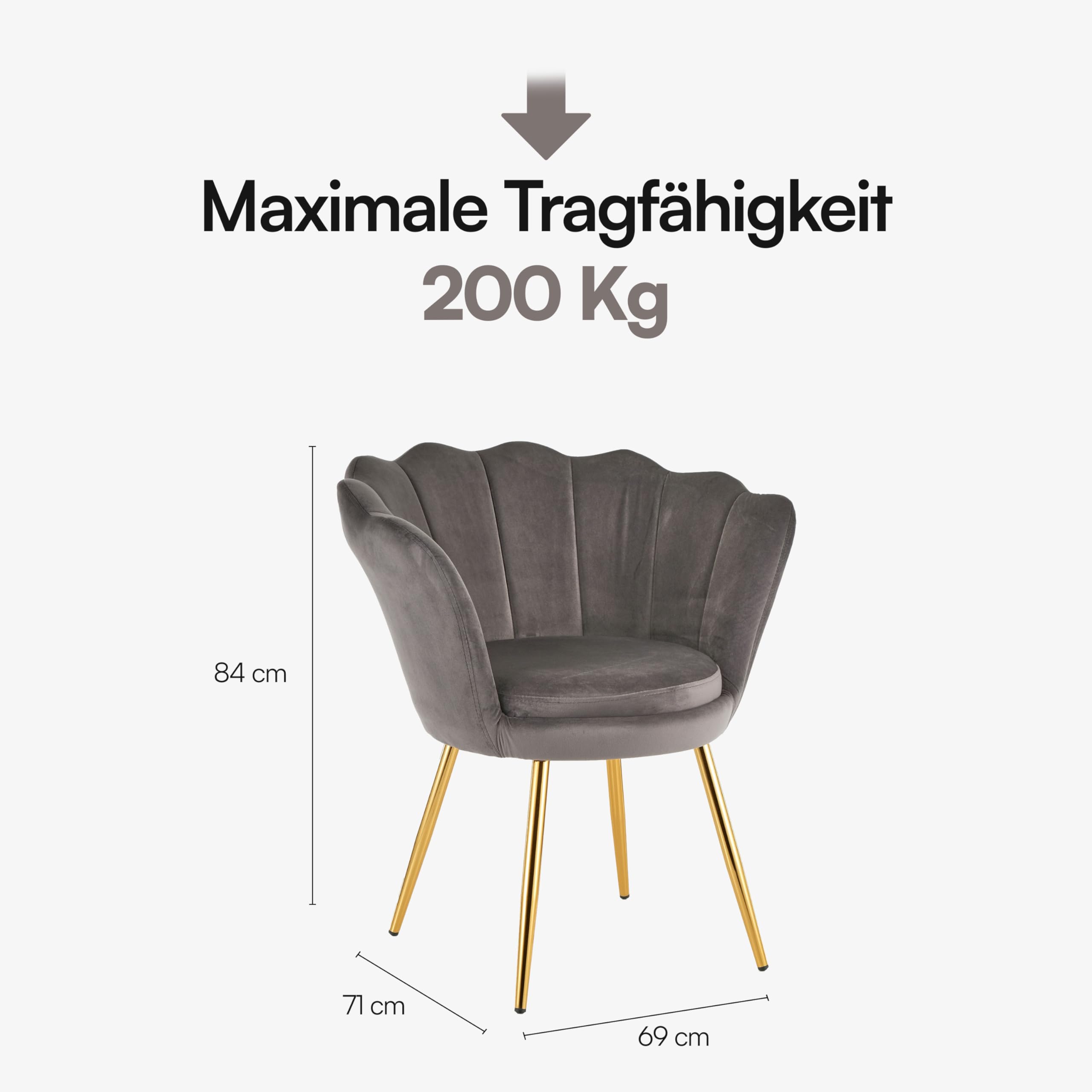 Baroni Home Gepolsterter Sessel mit Muschel-Rückenlehne aus grauem Samt mit goldenen Beinen, für Wohn- und Schlafzimmer 69x71x84 cm