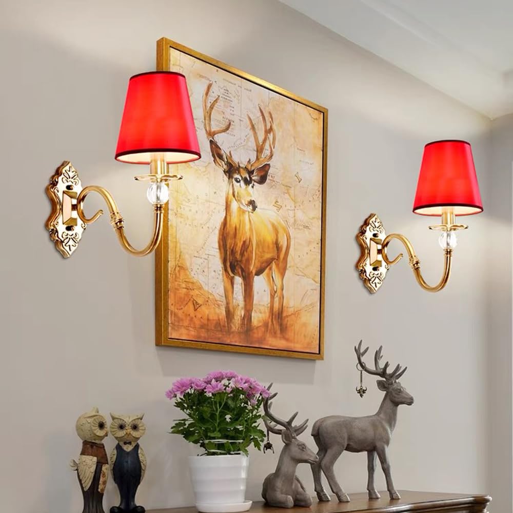 Aplique De Pared Creativo Moderno Con Pantalla De Tela Roja Y Decoración De Cristal De Globo, Accesorio De Iluminación De Pared Cableado Con Acabado En Oro Antiguo Apliques De Pared Deco De Ca