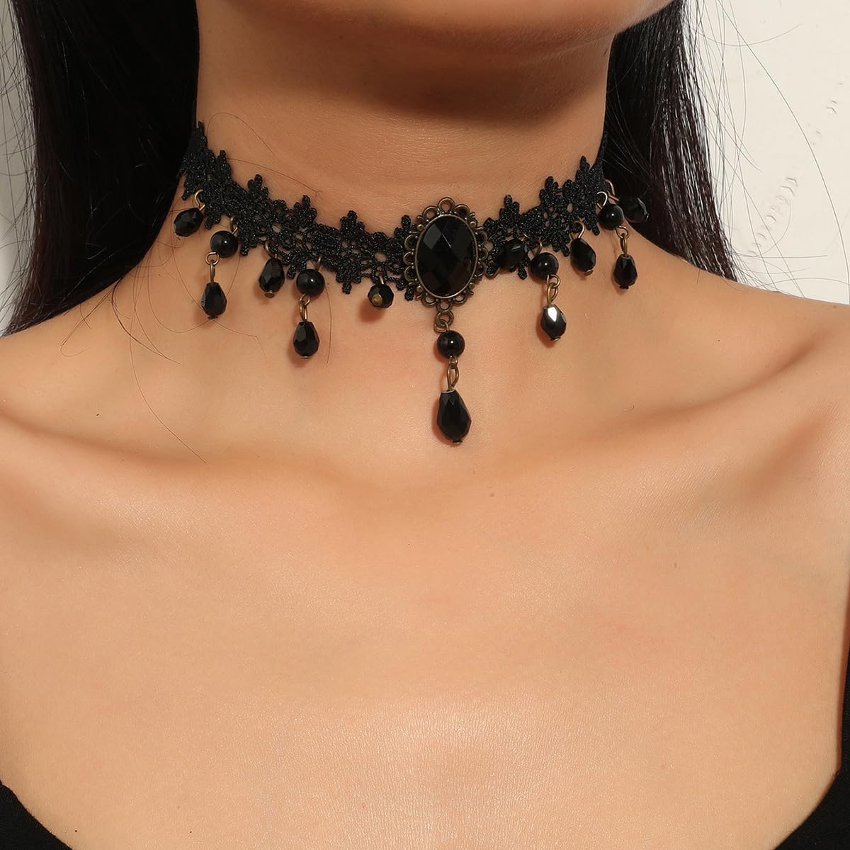 Rrdaily Gothic Crystal Lace Pendant Necklace for Women Punk Adjustable Black Gemstone Statement Collarbone Chain Exaggerated Lace Choker Halloween Jewelry Gifts - Image 3