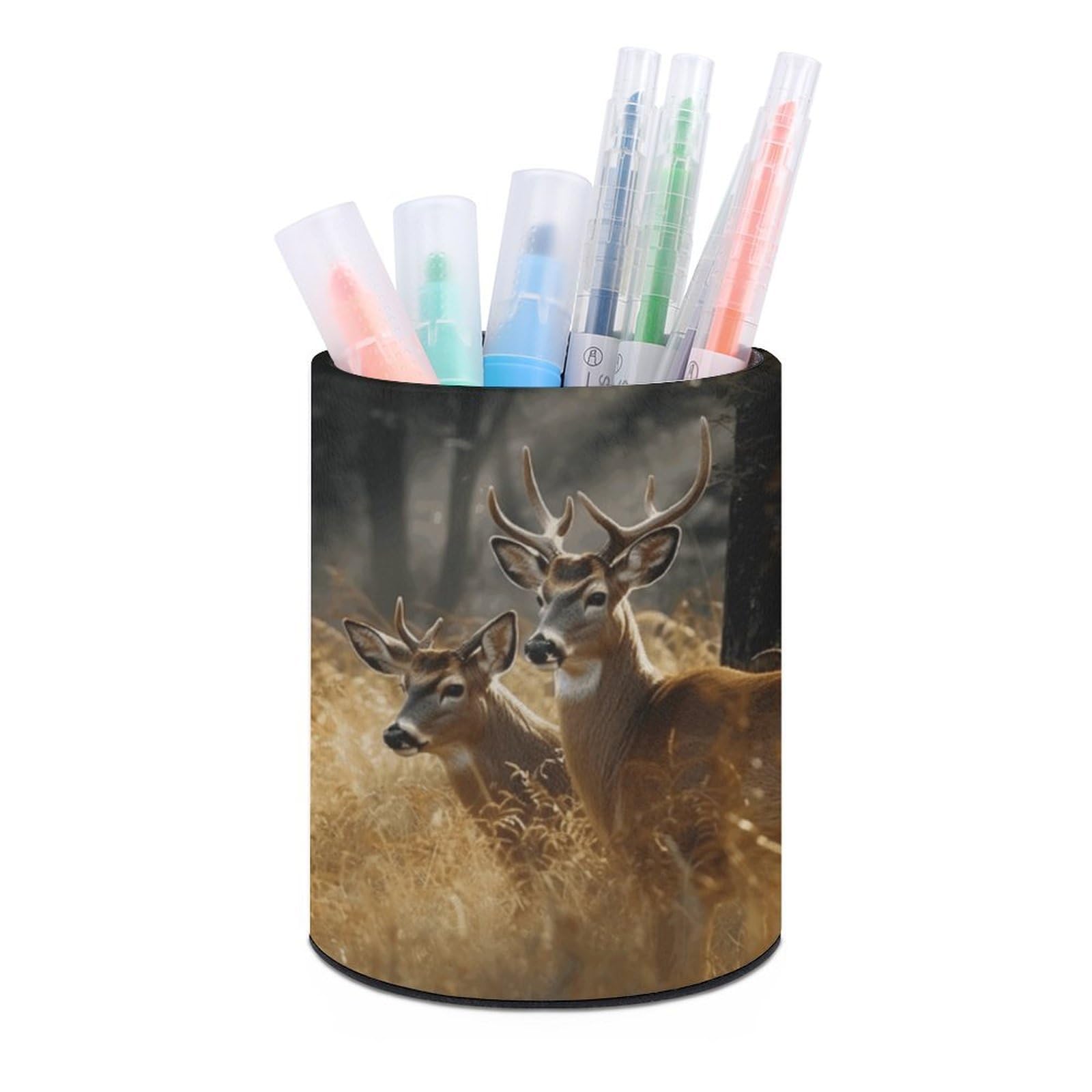 VstaDank Nature Wild Animal Deers Pen Holder PU Leather Pencil Cup Minimalist Desk Pencil Holder Round Make Up Brush Organizers For Office Dorm Room&Vanity Desk Accessories